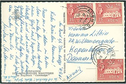 25 cents Elizabeth (3) på brevkort (M/S Cambodge) stemplet Aden G.P.O. d. 6.9.1961 til København, Danmark.