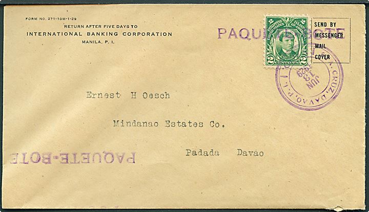 2 c. på brev fra Manila annulleret med skibsstempel Paquete-Bote og sidestemplet Sta. Cruz, Davoao d. 13.6.1929 til Padada.