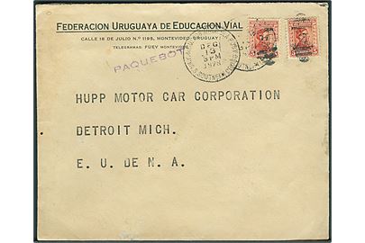 5 c. (2) på brev fra Montevideo annulleret med amerikansk skibsstempel N.Y. & Buenos Aires Sea Post / S.S. Southern Cross d. 13.12.1928 og sidestemplet Paquebot til Detroit, USA.
