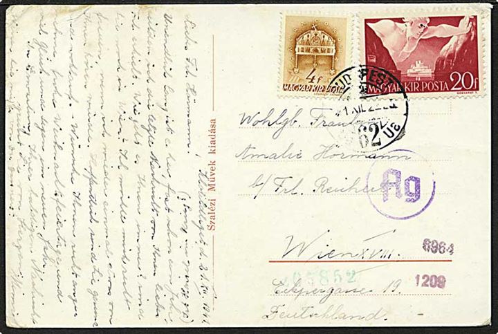 24 f. blandingsfrankeret brevkort fra Budapest d. 22.12.1941 til Wien, Tyskland. Åbnet af tysk censur i Wien.