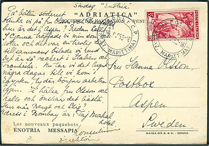 Enotria, M/S. Adritatica, Soc, per Azioni di Navigazione. Frankeret med 35 l. fra Napoli d. 18.9.1953 til Aspen, Sverige.