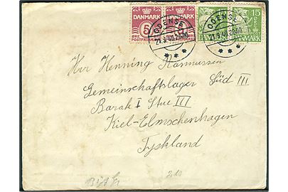5 øre Bølgelinie (2) og 15 øre Karavel (2) på brev fra Odense d. 21.9.1940 til Tysklandsarbejder i Gemeinschaftslager Süd III, Kiel-Elmschenhagen, Tyskland. Åbnet af tysk censur i Hamburg.