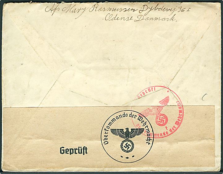 5 øre Bølgelinie (2) og 15 øre Karavel (2) på brev fra Odense d. 21.9.1940 til Tysklandsarbejder i Gemeinschaftslager Süd III, Kiel-Elmschenhagen, Tyskland. Åbnet af tysk censur i Hamburg.