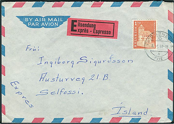 1,70 Fr. single på luftpost ekspresbrev fra Geneve d. 17.1.1968 via København til Selfoss, Island.