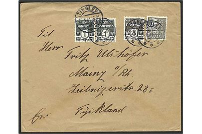 1 øre (par), 8 Øre Bølgelinie og 20 øre Karavel på brev fra Tinglev d. 20.6.1938 til Mainz, Tyskland.