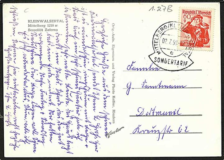 60 gr. single på brevkort annulleret med særstempel MITTELBERG/KLEINWALSERTHAL / SONDERTARIF d. 2.7.1958 til Dortmund, Tyskland. Interessant forsendelse fra den østrigske exklave Kleinwalserthal.