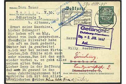 6 pfg. Hindenburg helsagsbrevkort fra Berlin d. 7.1.1937 til fange i Duisburg-Hamborn fængsel. To fængsels-stempler: Gefängnis Duisburg-Hamborn d. 8.1.1937.