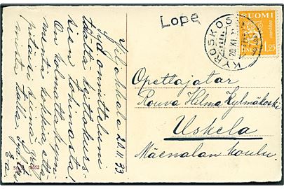 1,25 mk.- Løve på brevkort annulleret Kyröskoski d. 20.11.1933 og sidestemplet med brevhusstempel Lope til Uskela.
