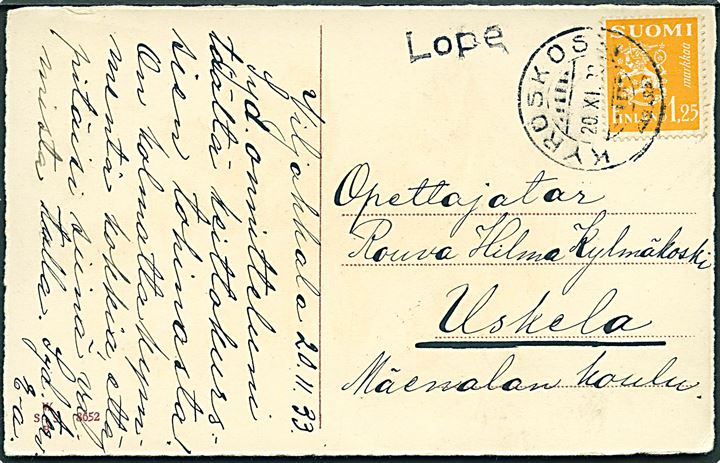 1,25 mk.- Løve på brevkort annulleret Kyröskoski d. 20.11.1933 og sidestemplet med brevhusstempel Lope til Uskela.