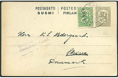 15 pen helsagsbrevkort opfrankeret med 5 pen. Wasa udg. fra Hangö d. 30.9.1918 til Skive, Danmark. Violet 2-sproget borgerkrigscensur: Censurerad i Finland.