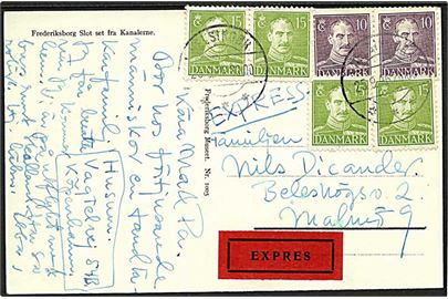 10 øre violet og 15 øre grøn Chr. X på expres postkort fra Helsingør d. 25.9.1946 til Malmø, Sverige.