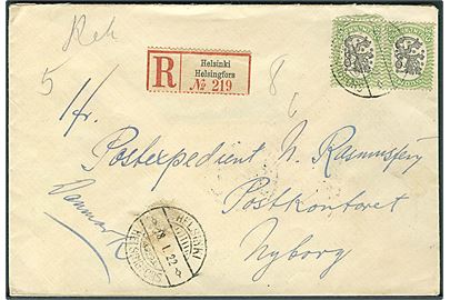 2 mk. Løve i parstykke på anbefalet brev fra Helsingfors d. 18.1.1922 til Nyborg, Danmark.