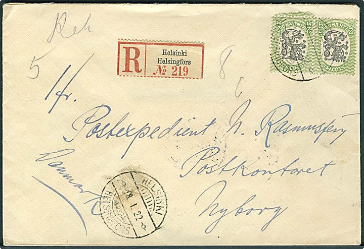 2 mk. Løve i parstykke på anbefalet brev fra Helsingfors d. 18.1.1922 til Nyborg, Danmark.