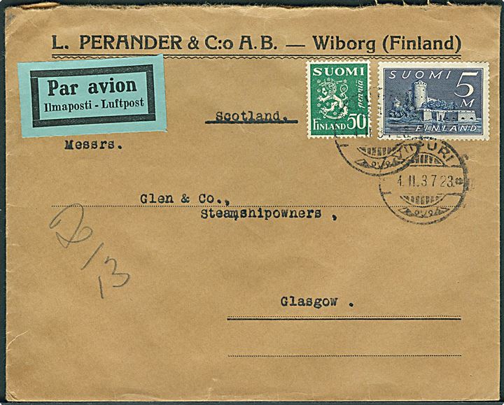 50 pen. Løve og 5 mk. Olofsborg på luftpostbrev fra Viipuri d. 4.2.1937 til Glasgow, Scotland.