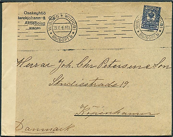 Russisk 10 kop. anvendt på brev i Finland fra Wiborg d. 29.10.1916 til Kjøbenhavn, Danmark. Åbnet af russisk censur i Torneå.