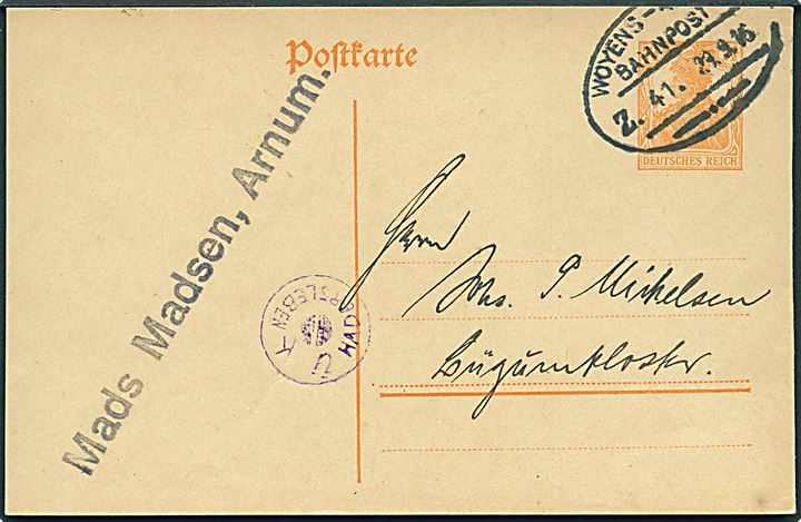 7½ pfg. Germania helsagsbrevkort fra Arnum annulleret med bureaustempel Woyens - Arnum Bahnpost Zug 41 d. 29.9.1916 til Lügumkloster. Violet censur Ü K. Hadersleben.
