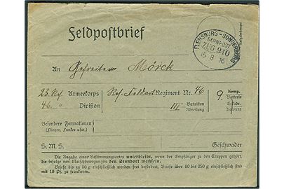 Ufrankeret fortrykt Feldpostbrief kuvert fra Wilsbekfeld annulleret med bureaustempel Flensburg - Sonderburg Bahnpost Zug 910 d. 15.8.1916 til soldat ved 46. Res. Feldart. Regiment. Fuldt indhold.