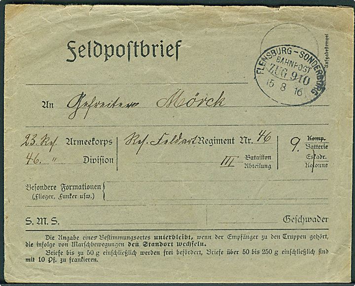 Ufrankeret fortrykt Feldpostbrief kuvert fra Wilsbekfeld annulleret med bureaustempel Flensburg - Sonderburg Bahnpost Zug 910 d. 15.8.1916 til soldat ved 46. Res. Feldart. Regiment. Fuldt indhold.
