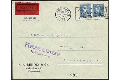 40 øre blå Chr. X på expres brev fra København d. 6.11.1945 til Stockholm, Sverige. Stemplet: kassebrev.
