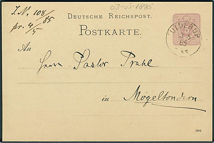 5 pfg. helsagsbrevkort stemplet Ulderup d. 3.5.1885 til Mögeltondern.