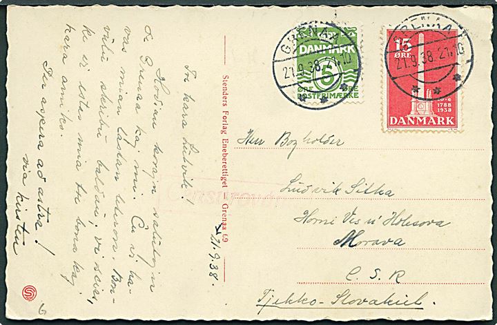5 øre Bølgelinie og 15 øre Stavnsbåndet på brevkort (Østergade, Grenaa) fra Grenaa d. 21.9.1938 til Horni Vis u. Holesova, Tjekkoslovakiet. Rød tjekkisk censur Censurovano.