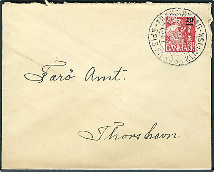 20/15 øre Provisorium på brev annulleret med klipfisk-stempel Trangisvaag d. 20.1.1941 til Thorshavn.