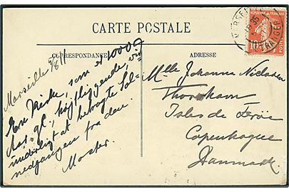 Fransk 10 c. på brevkort fra Marseille d. 5.8.1911 til Thorshavn på Færøerne via København, Danmark.