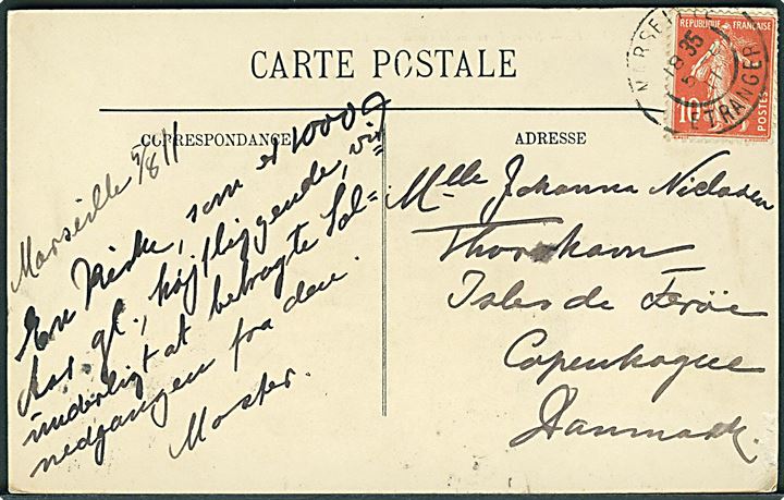 Fransk 10 c. på brevkort fra Marseille d. 5.8.1911 til Thorshavn på Færøerne via København, Danmark.