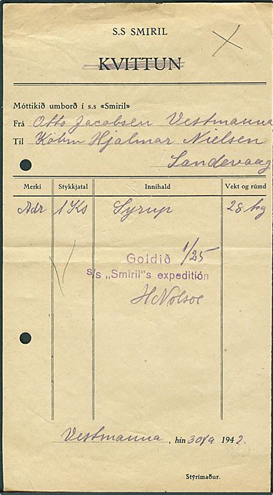 Fortrykt kvittering for gods sendt med S/S Smiril dateret Vestmanna d. 30.9.1942 til Sandevaag. Kontorstempel: Goldið S/S Smirils expedition.