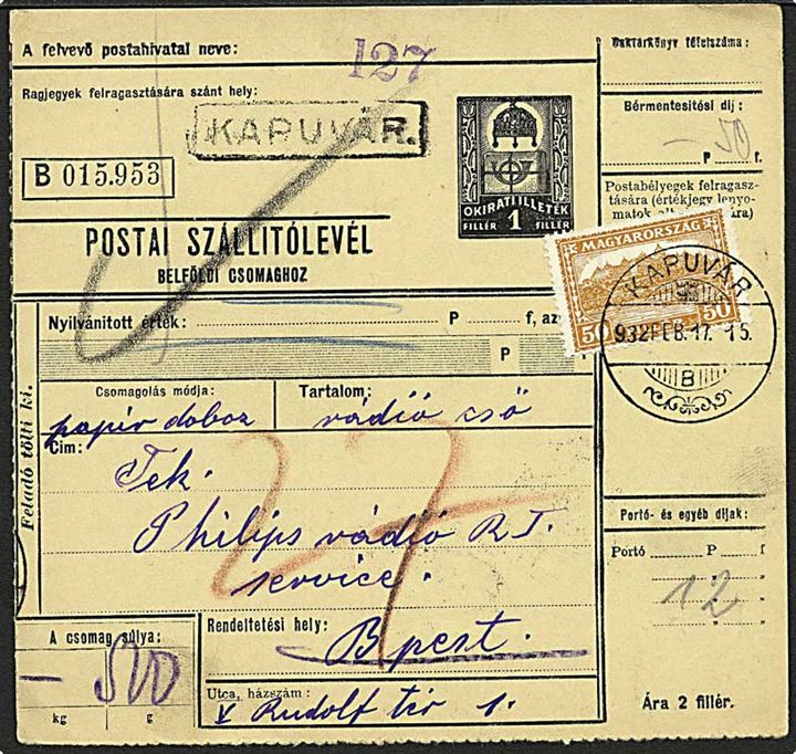 50 f. Parlament single på adressekort for indenrigspakke fra Kapuvar d. 17.2.1932 til Budapest.