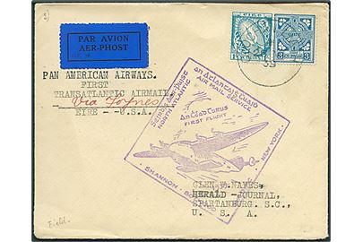 3d og 1 sh. på Pan American Airways 1.-flyvningsbrev stemplet Clochán Liath d. 26.6.1939 til Spartanburg, USA.  