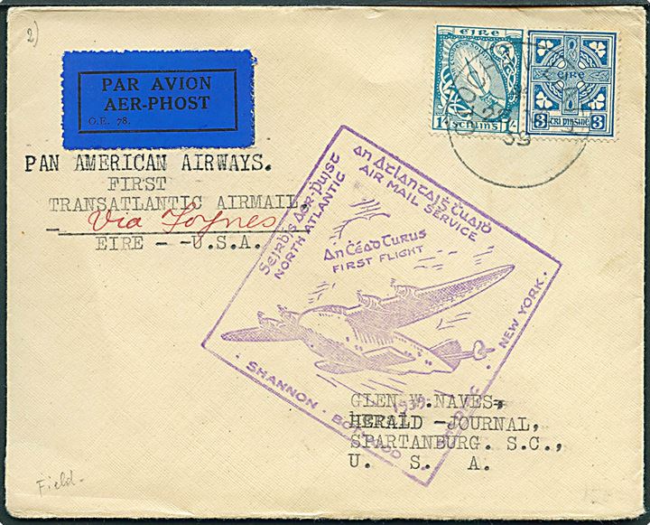 3d og 1 sh. på Pan American Airways 1.-flyvningsbrev stemplet Clochán Liath d. 26.6.1939 til Spartanburg, USA.  