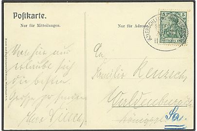 5 pfg. Germania på brevkort annulleret med skibsstempel Hoyerschleuse - Munkmarsch Seepost No. 3 d. 11.7. 1907 til Werldenberg. 