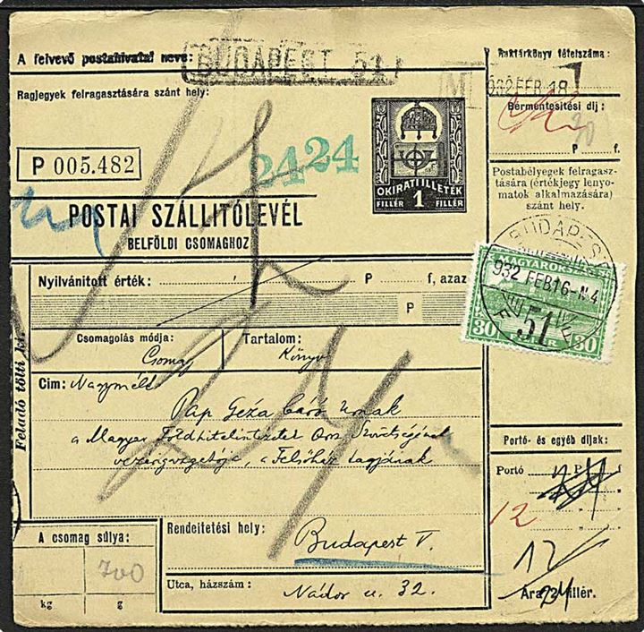 30 f. Parlament single på adressekort for lokal pakke i Budapest d. 16.2.1932.