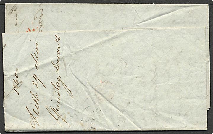1860. Franco brev fra Leith 29.5.1860 via Edinburgh, London og K.D.O.P.A. Hamburg til Bellevue på Fehmarn i Hertugdømmerne. Påskrevet: “via Ostende”. Dekorativ forsendelse med mange stempler.