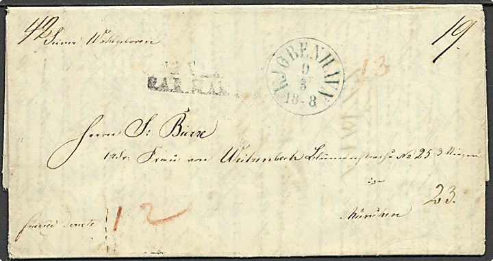 1848. Franco brev med antikva stempel Kjøbenhavn d. 9.3.1848 via Hamburg til München, Bayern. Svagt Danemarck par Hambourg stempel og på bagsiden ank. stemplet München d. 15.3.1848. Mange påtegninger.