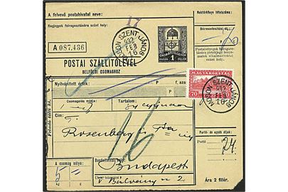 70 f. Parlament single på adressekort for pakke fra Moson Szent Janos d. 16.2.1952 til Budapest.