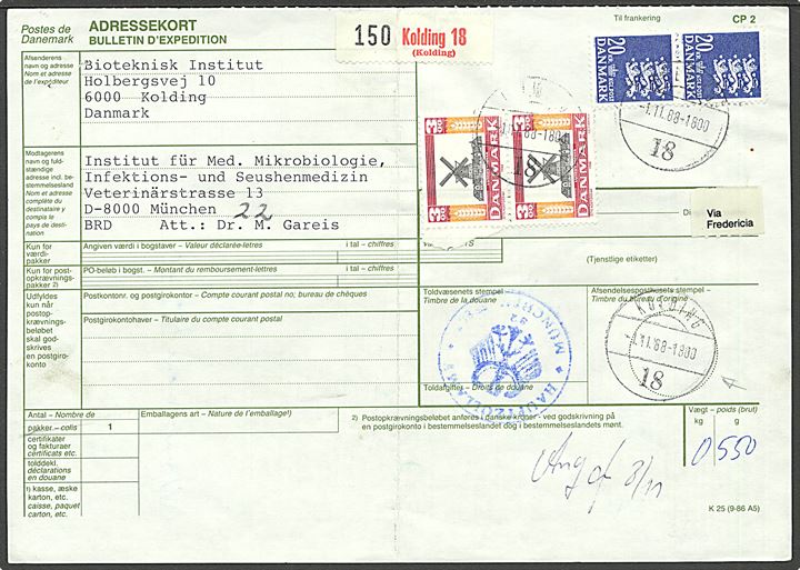 3 kr. Lumby Mølle og 20 kr. Rigsvåben i parstykker på internationalt adressekort annulleret med sjældent bro-type Vd stempel Kolding 18 d. 1.11.1988 til München, Tyskland.