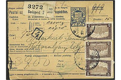 5 kr. (3) Parlament på adressekort for pakke fra Budapest 1921 til Satoraljaujhely.