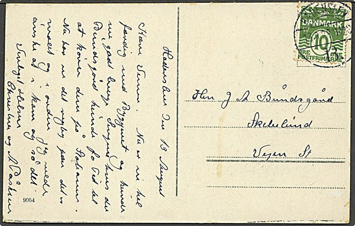 10 øre Bølgelinie på brevkort annulleret med sjældent brotype Vb stempel Haderslev B. d. 13.8.1928 til Vejen.