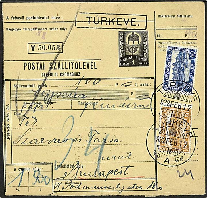 40 f. og 50 f. Parlament på adressekort for pakke frra Kurkeve d. 17.2.1932 til Budapest.