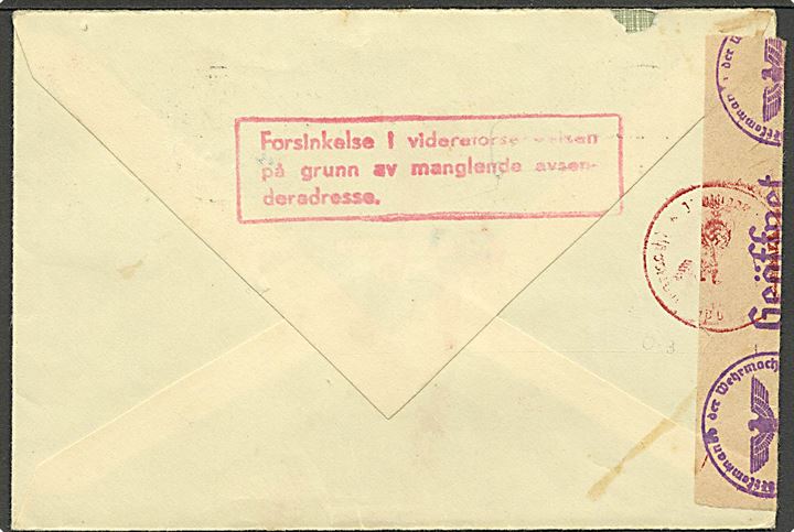 5 øre Posthorn (4) på brev fra Kongsvinger d. 23.5.1944 til Århus, Danmark. Åbnet af tysk censur i Oslo, på bagsiden rødt stempel: Forsinkelse i videreforsendingen på grunn av manglende avsenderadresse.