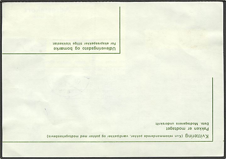 1 kr. Landskab, 2 kr. Margrethe (2) og 6 kr. Rigsvåben (3) på 23 kr. frankeret adressekort for PO-pakke fra Næstved d. 17.8.1982 til Århus. Retur som nægtet med sjældent brotype IId stempel Århus Avis og Pakke sn1 d. 19.8.1982.
