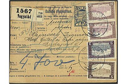 3 kr., 5 kr. og 10 kr. (2) Parlament på adressekort for værdipakke fra Nagyataf d. 23.12.1921 til Budapest.