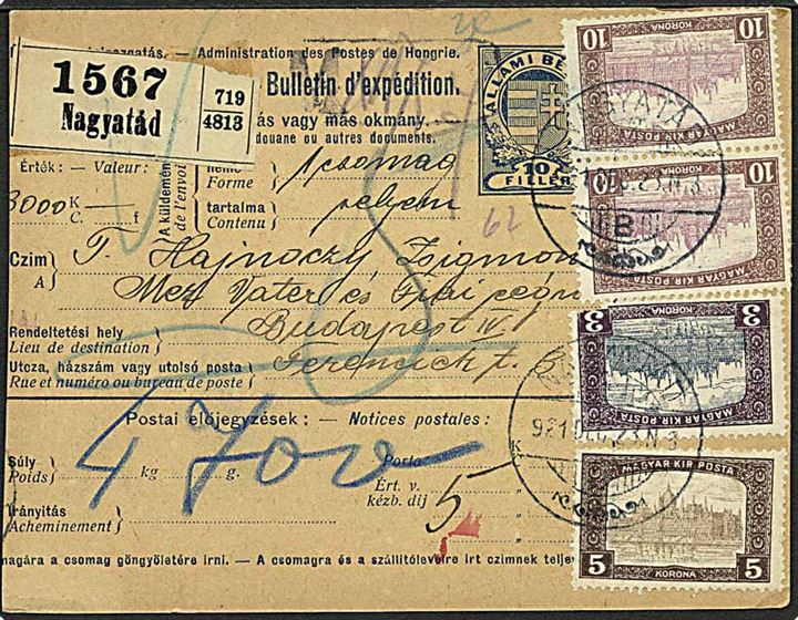 3 kr., 5 kr. og 10 kr. (2) Parlament på adressekort for værdipakke fra Nagyataf d. 23.12.1921 til Budapest.