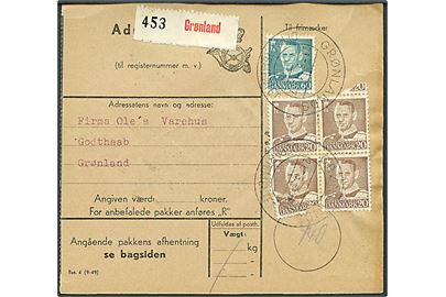 20 øre (4) og 60 øre Fr. IX på adressekort stemplet Grønlands Departementet d. 21.5.1952 til Godthaab, Grønland. Et mærke defekt.