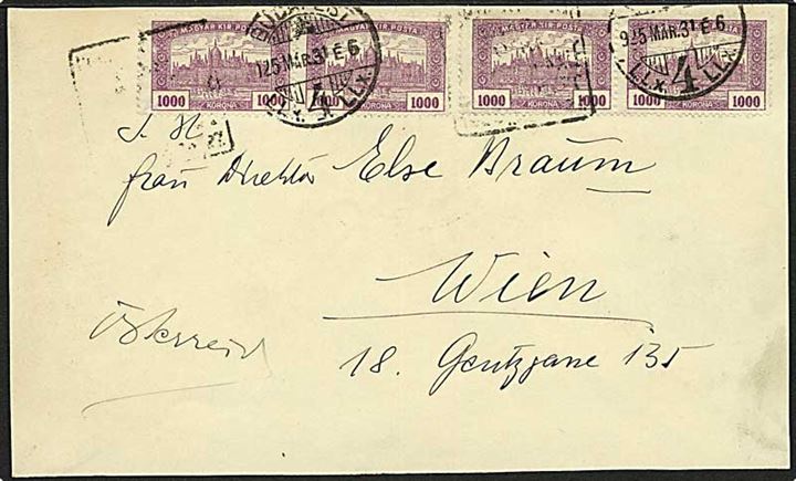 1000 kr. i 2 parstykker på inflations sørgebrev fra Budapest d. 31.3.1925 til Wien, Østrig.