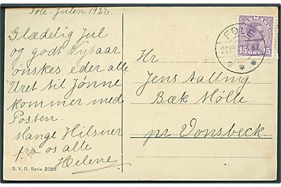 15 øre Chr. X på brevkort annulleret med brotype IIb Fole d. 22.12.1922 til Bæk Mølle pr. Vonsbæk.