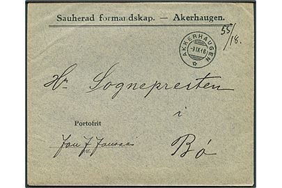 Portofrit tjenestebrev fra Sauherad Formandskab stemplet Akerhaugen d. 9.9.1918 til Bø.