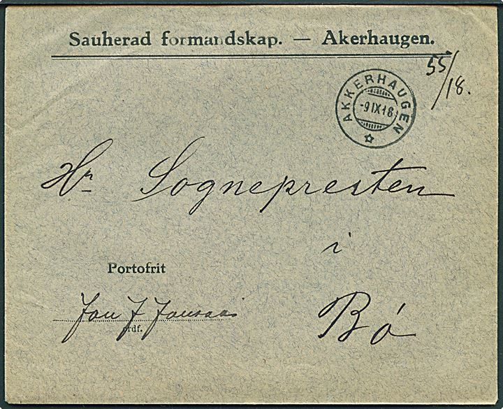 Portofrit tjenestebrev fra Sauherad Formandskab stemplet Akerhaugen d. 9.9.1918 til Bø.